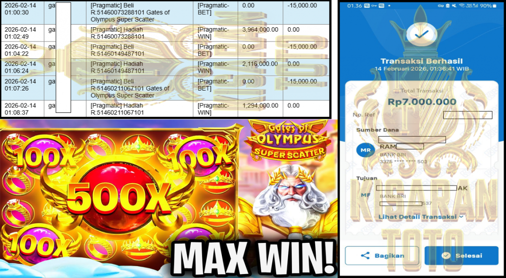 KISARANTOTO JACKPOT PRAGMATIC Gaming ”Gates of Olympus Super Scatter” Rp 7,000,000,- LUNAS
