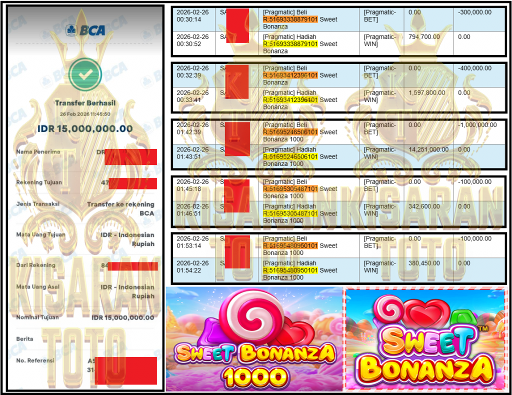 KISARANTOTO JACKPOT PRAGMATIC Gaming ”Sweet Bonanza & Sweet Bonanza 1000” ‌‌‌‌‌‌‌‏Rp 15,000,000,- LUNAS