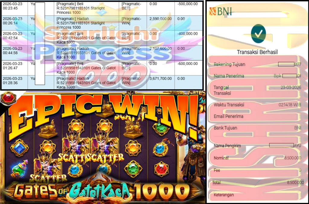 KISARAN4D JACKPOT PRAGMATIC Gaming ” Gates of Gatot Kaca 1000&Starlight Princess 1000” Rp 8,500,000,- LUNAS