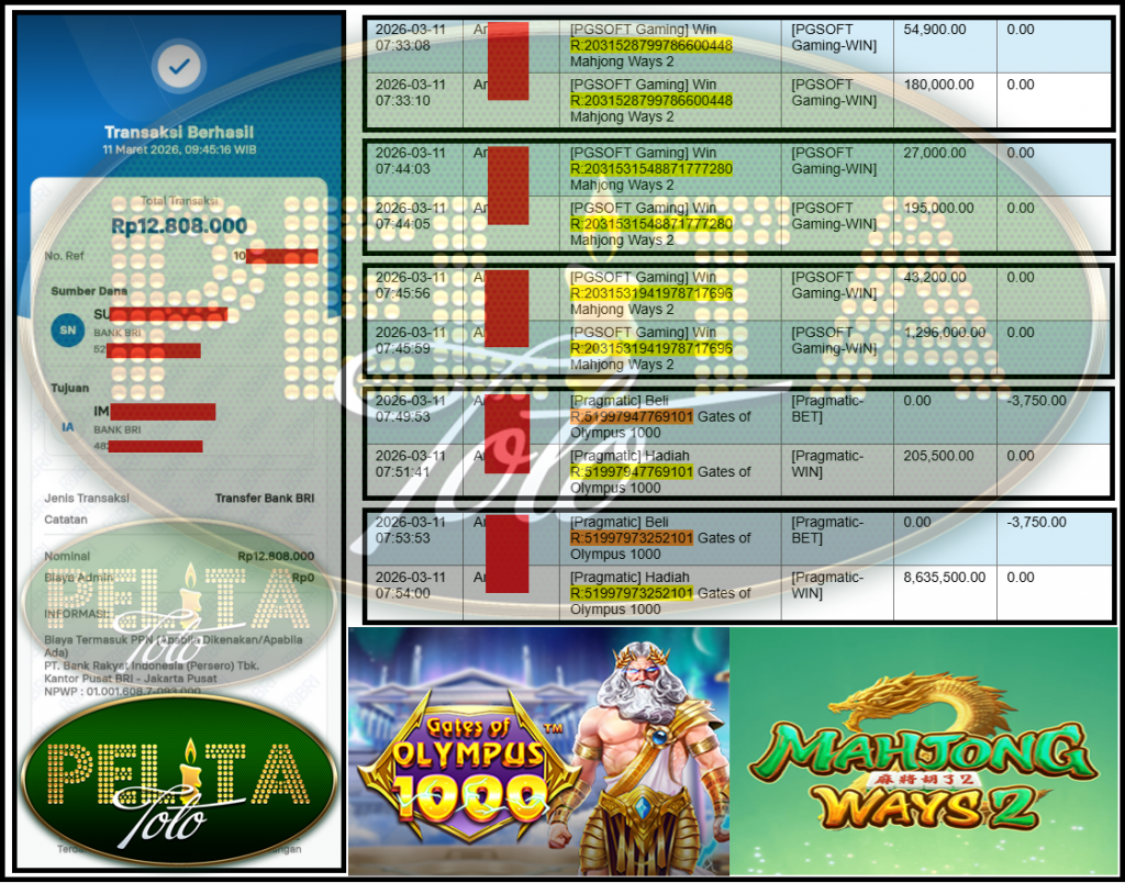 PELITATOTO JACKPOT PRAGMATIC Gaming ”Gates of Olympus 1000” & PGSOFT Gaming ”Mahjong Ways 2” ‌‌‌‌‌‌‌‏Rp 12,808,000,- LUNAS
