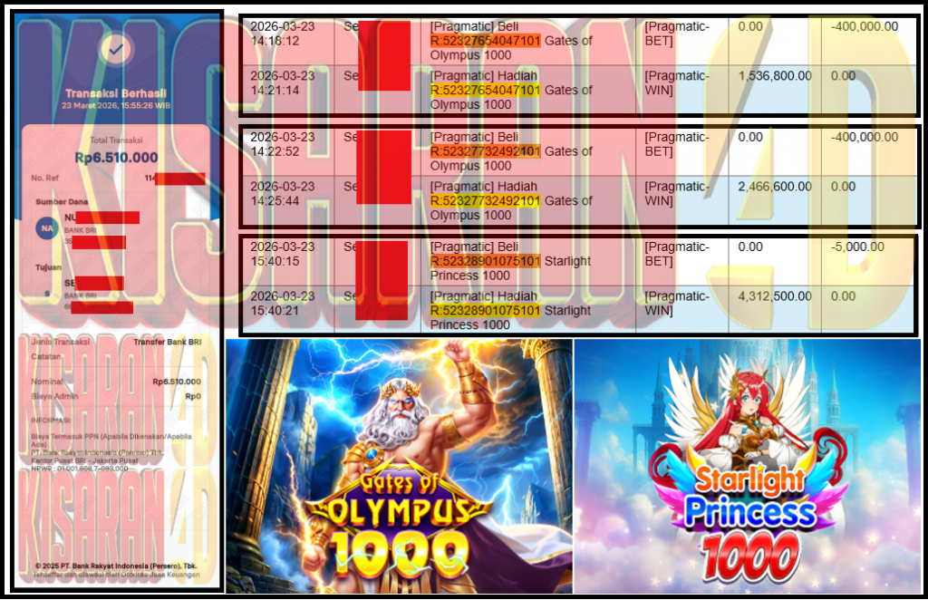 KISARAN4D JACKPOT PRAGMATIC Gaming ”Starlight Princess 1000 & Gates of Olympus 1000” Rp 6,510,000,- LUNAS