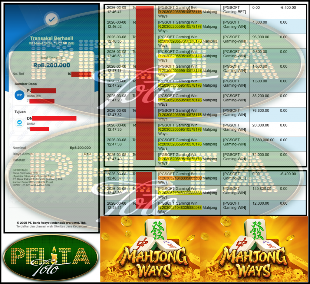 PELITATOTO JACKPOT PGSOFT Gaming ”Mahjong Ways” ‌‌‌‌‌‌‌‏Rp 8,200,000,- LUNAS