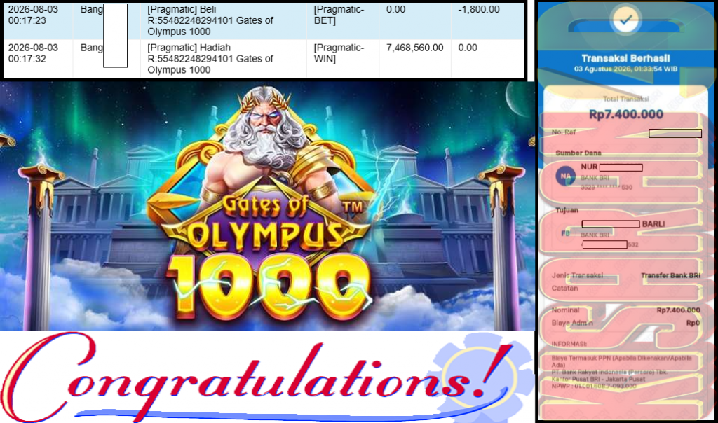 KISARAN4D JACKPOT PRAGMATIC Gaming ”Gates of Olympus 1000” Rp 7,400,000,- LUNAS