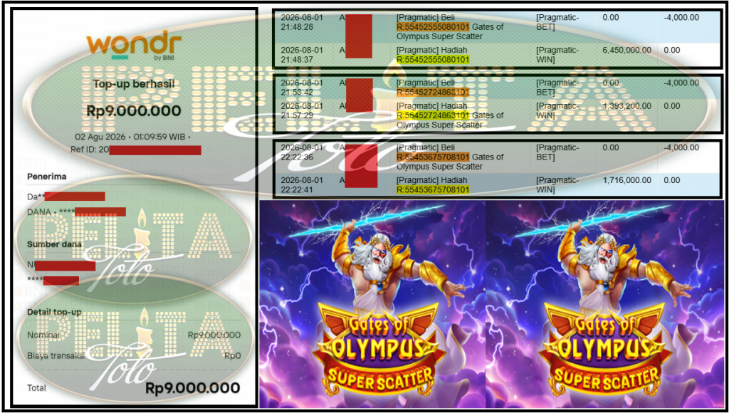 PELITATOTO JACKPOT PRAGMATIC Gaming ”Gates of Olympus Super Scatter” Rp 9,000,000,- LUNAS