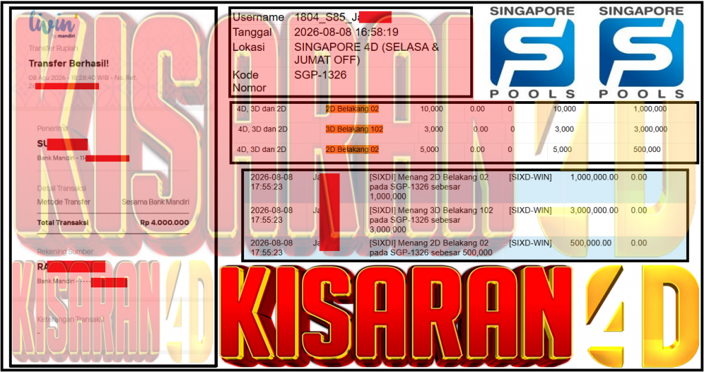 KISARAN4D JACKPOT PASARAN SINGAPORE ”5102” ‌‌‌‌‌‌‌‏Rp 4,000,000,- LUNAS